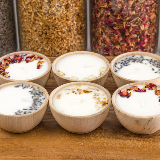 Gift Set of Six Aromatherapy Soy Candles Gift set of six aromatherapy wooden candles in pine shred gift box and silk bow with pure soy candles made with essential oils and dried florals hostess gift holiday gift birthday gift any occasion get well soon sympathy or thank you handcrafted