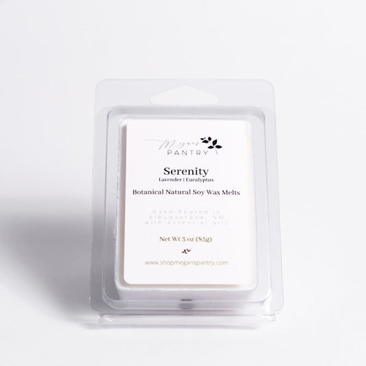 Hand-poured soy wax melts from Megan’s Pantry in recyclable containers, featuring six essential oil-infused fragrance options; clean, luxury aromatherapy for the home.