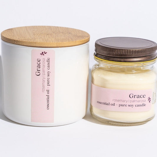 Our decadent Aromatherapy Essential Oil Candles are hand-poured using the purest soy wax, pure cotton wicks, and our signature essential oil blend that is crafted in-house in small batches.
Grace is a blend of rosemary and palmarosa essential oils, bringing a lovely natural floral aroma to your space.