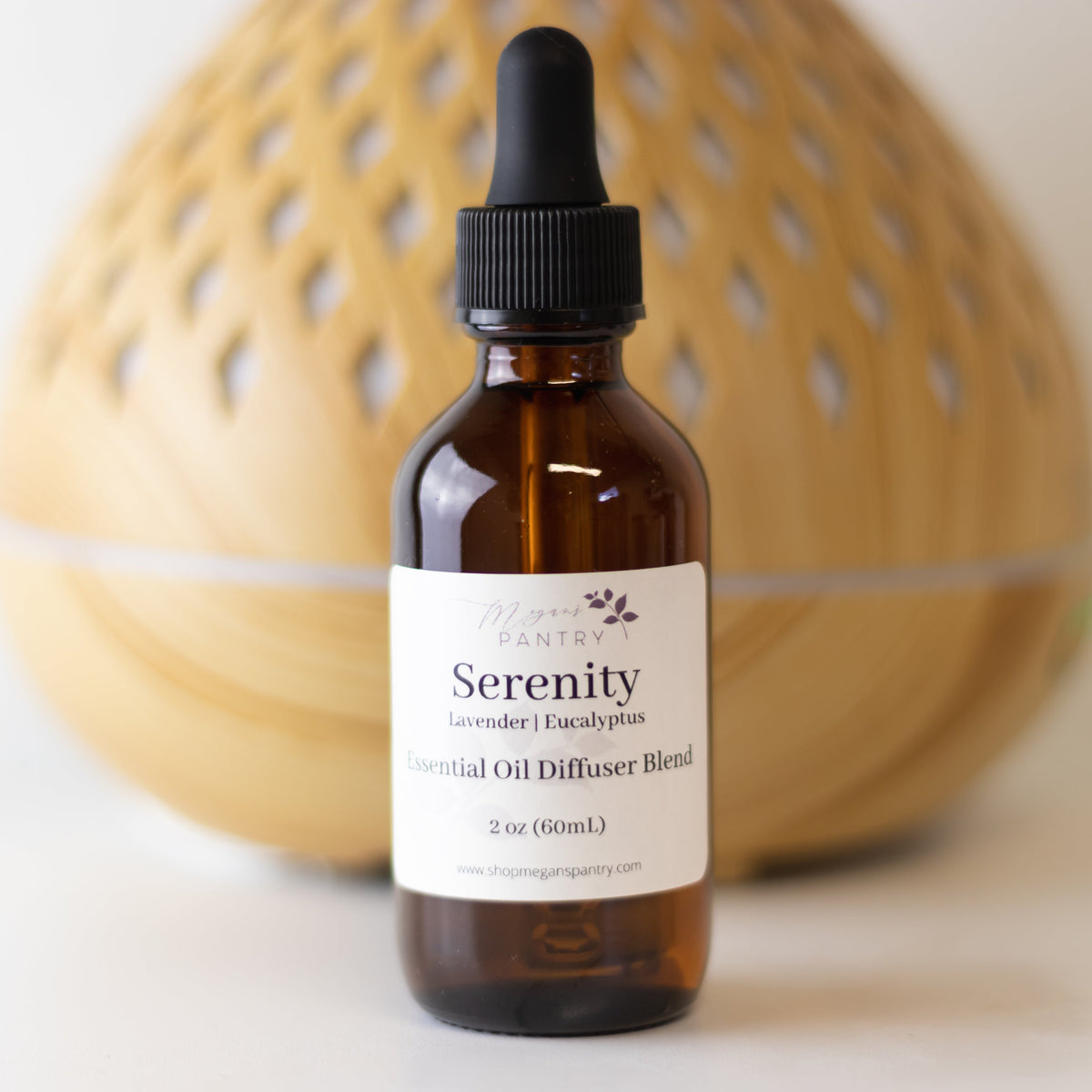 Megan's Pantry 2 oz signature essential oil diffuser blend bottles with lavender, eucalyptus, citrus, rosemary, and palmarosa options