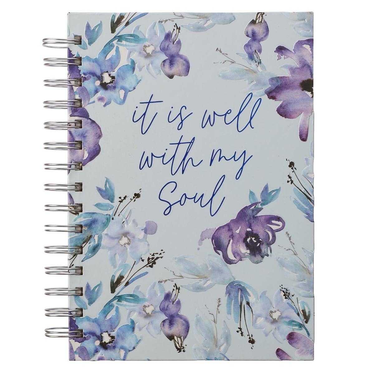 Wirebound journal with watercolor floral cover in lilac and periwinkle, hand-lettered It Is Well with My Soul