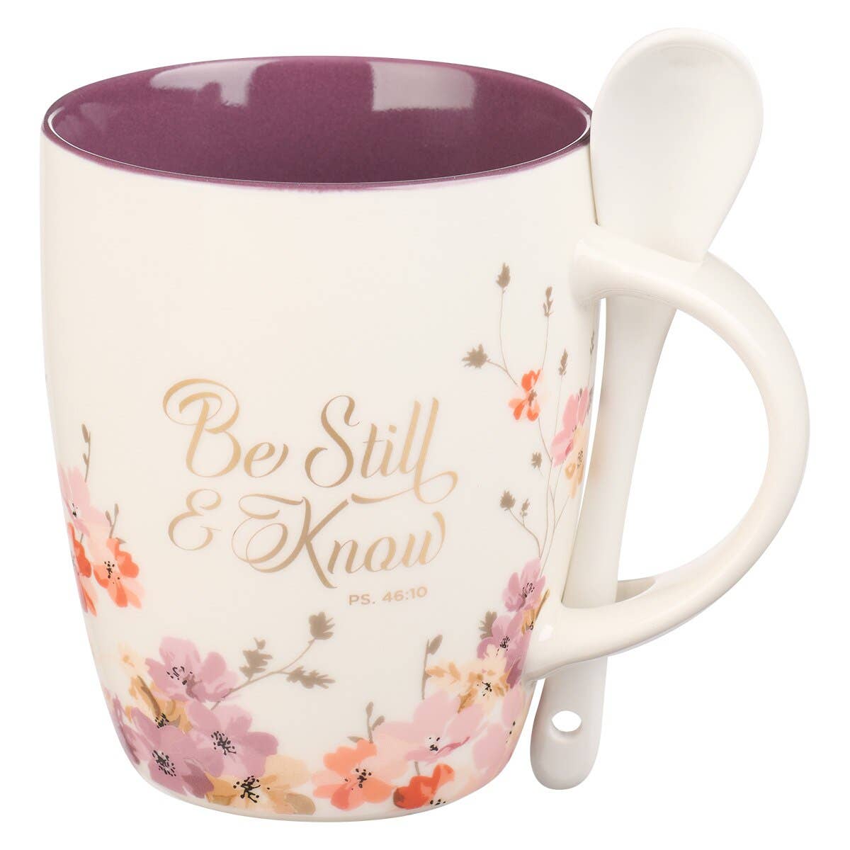 White ceramic mug with rose and lilac watercolor florals, deep plum interior, matching white spoon in handle
