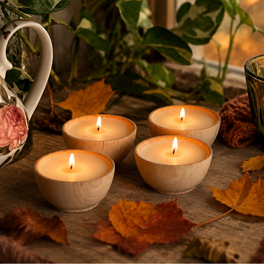 Four lit Autumn Spice wooden tealight candles on a rustic table with a floral teapot, autumn leaves, and a knitted scarf.