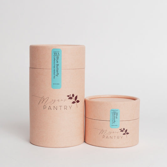 Megan’s Pantry Blue Butterfly Herbal Tea – a caffeine-free blend of butterfly pea flower, lemon balm, lavender, and coconut that brews a vibrant blue cup