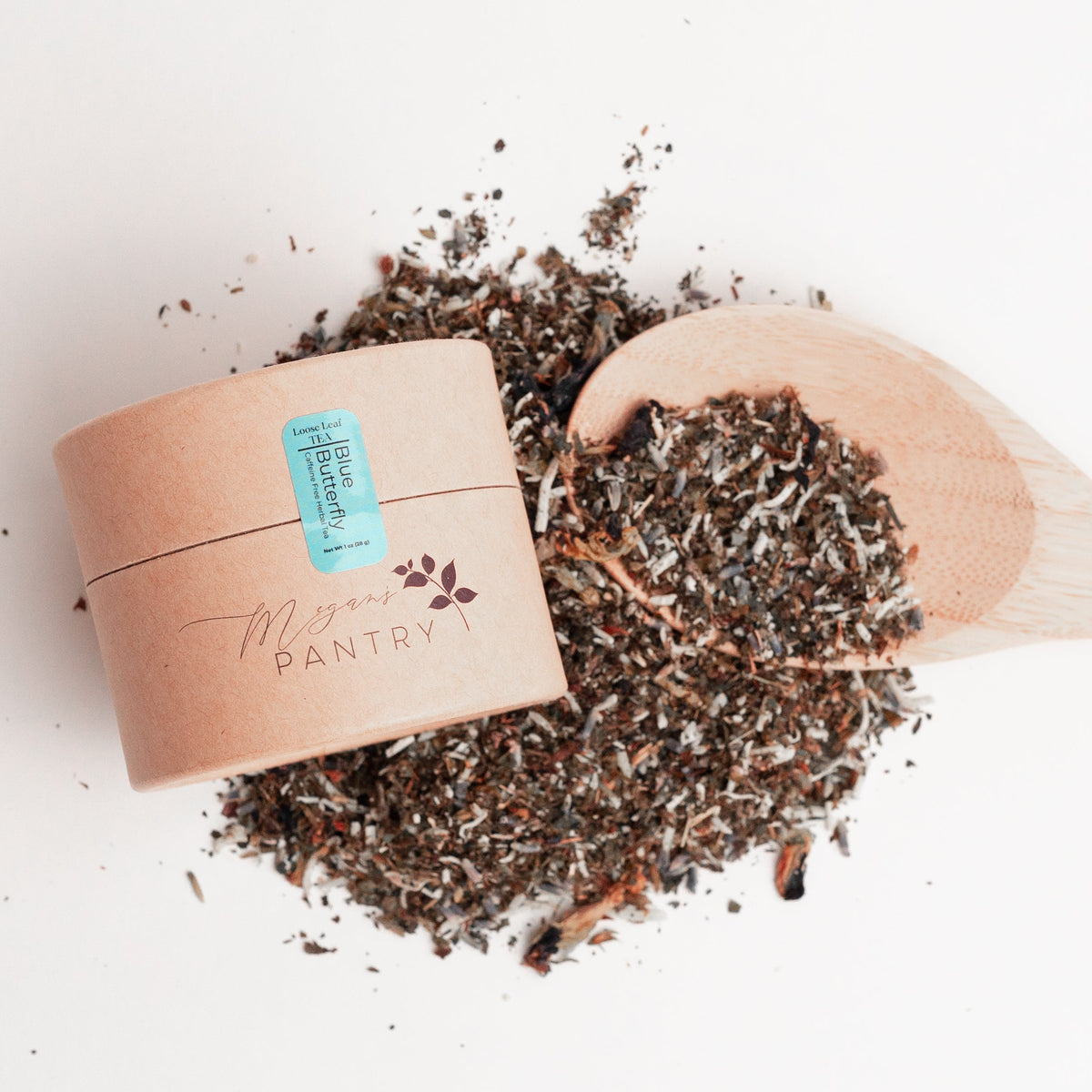Megan’s Pantry Blue Butterfly Herbal Tea – a caffeine-free blend of butterfly pea flower, lemon balm, lavender, and coconut that brews a vibrant blue cup