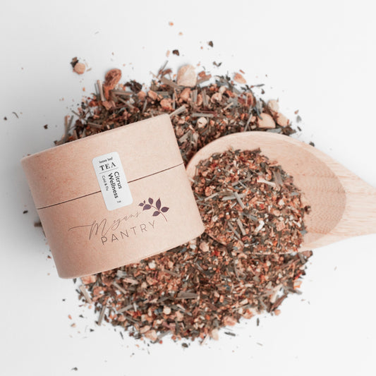 Megan’s Pantry Citrus Wellness Herbal Tea – a caffeine-free blend of lemon, ginger, and peppermint for a soothing and refreshing wellness tea