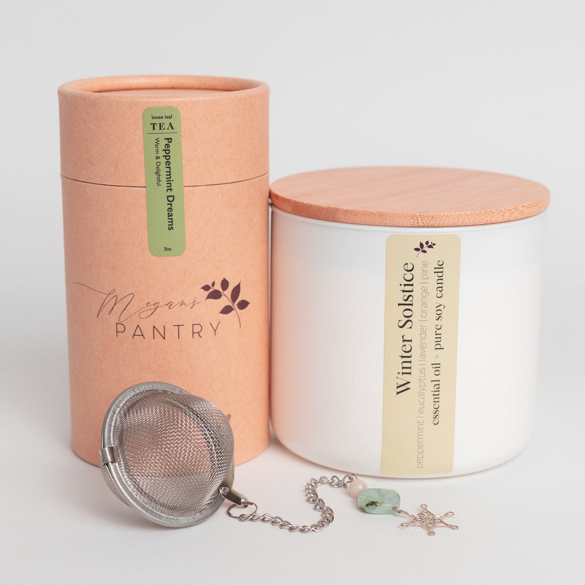 Megan's Pantry 2025 Holiday Gift Set with Peppermint Dreams tea, Winter Solstice candle, and snowflake tea infuser ornament