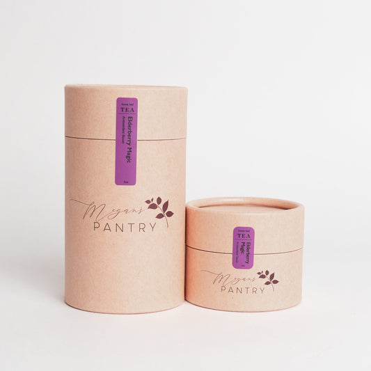 Megan’s Pantry Elderberry Magic Black Tea – a rich blend of elderberries, bergamot, vanilla, and fennel for a soothing, immune-boosting cup