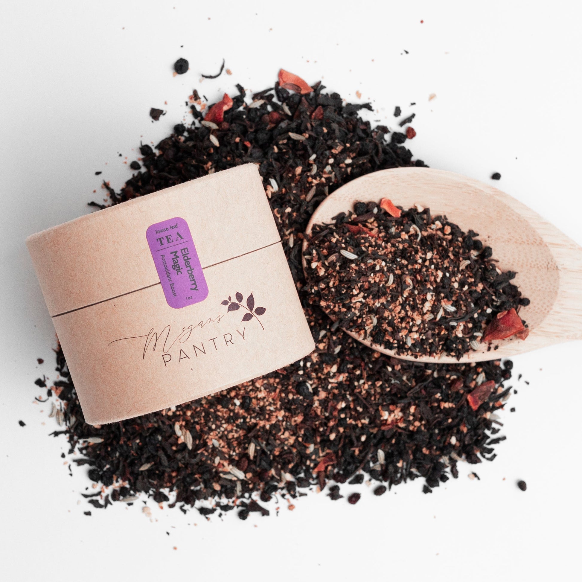 Megan’s Pantry Elderberry Magic Black Tea – a rich blend of elderberries, bergamot, vanilla, and fennel for a soothing, immune-boosting cup