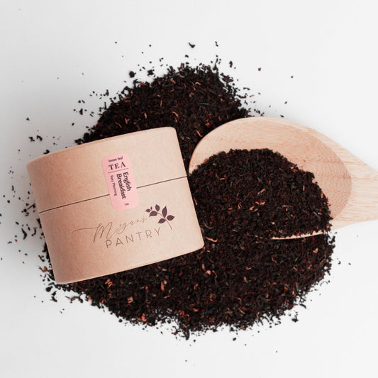 Megan’s Pantry English Breakfast Black Tea – a bold, smooth blend of Ceylon and Assam tea leaves for a rich, classic morning cup