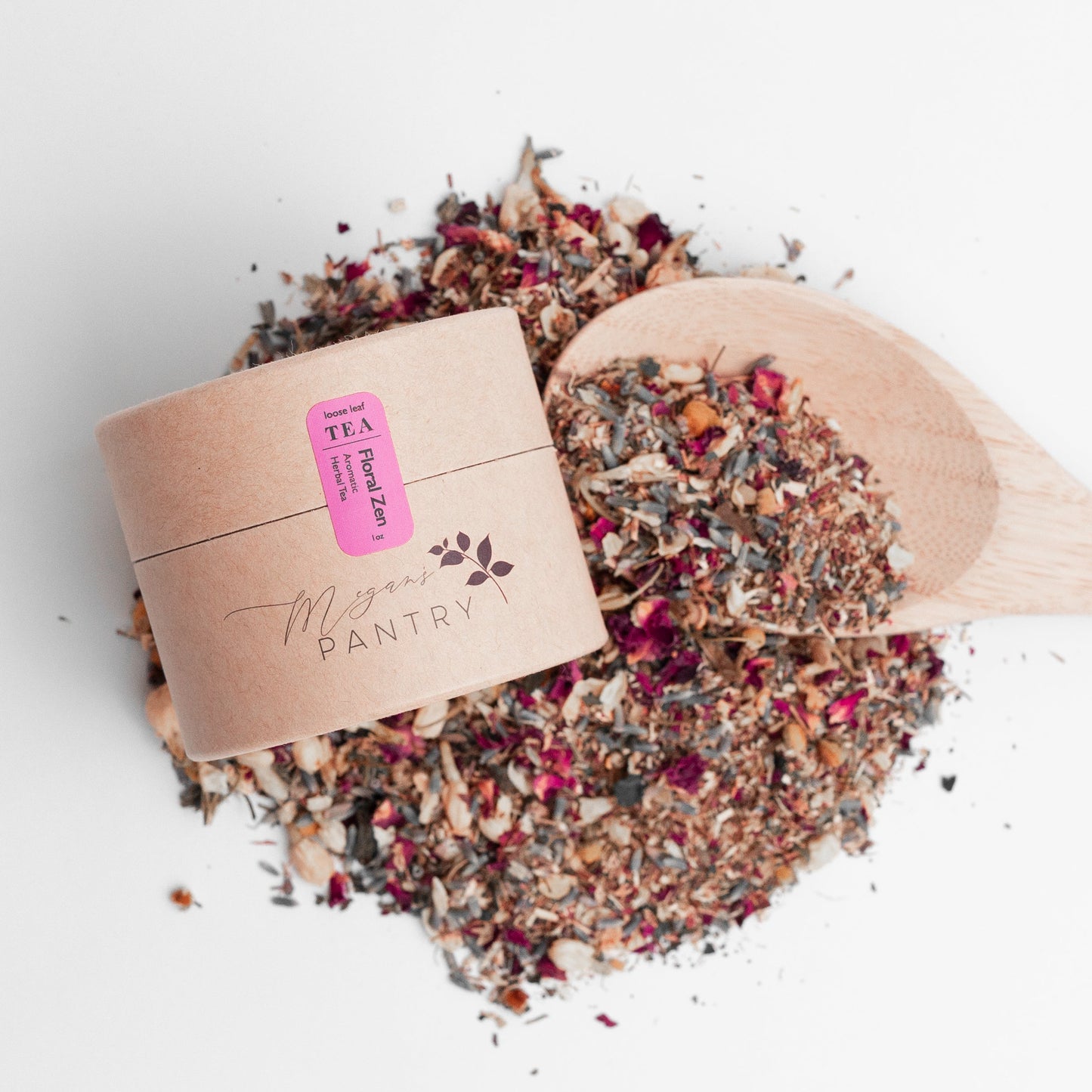 Megan’s Pantry Floral Zen Herbal Tea – a calming blend of green rooibos, jasmine, lavender, rose, and chamomile for peaceful relaxation