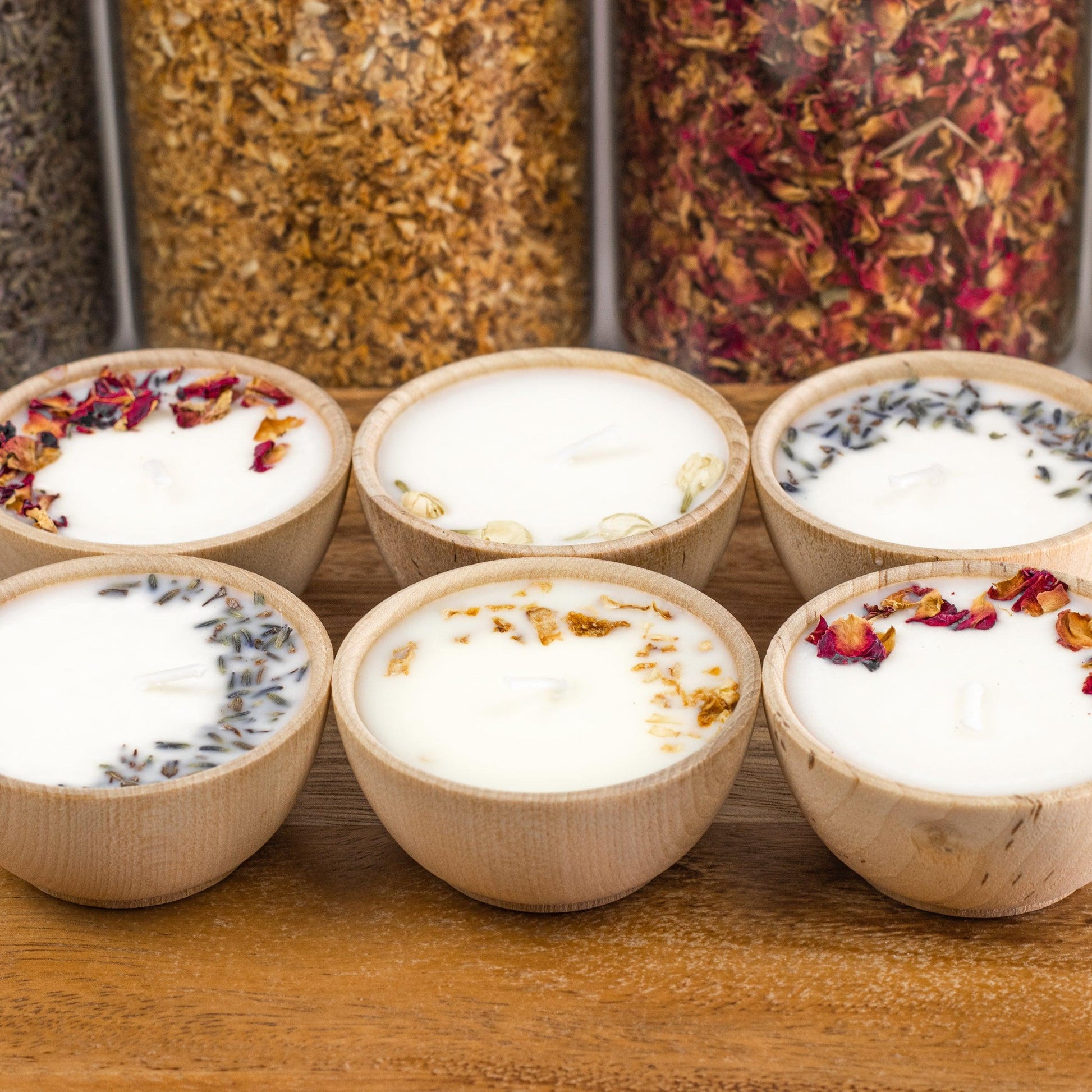 Gift Set of Six Aromatherapy Soy Candles Gift set of six aromatherapy wooden candles in pine shred gift box and silk bow with pure soy candles made with essential oils and dried florals hostess gift holiday gift birthday gift any occasion get well soon sympathy or thank you handcrafted