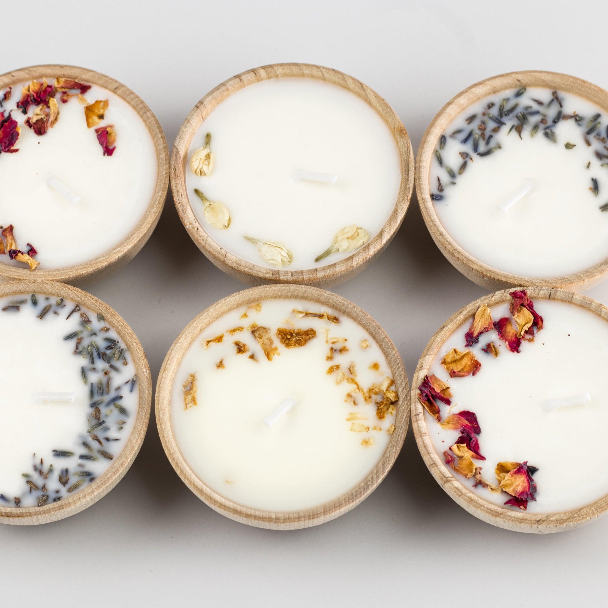 Gift Set of Six Aromatherapy Soy Candles Gift set of six aromatherapy wooden candles in pine shred gift box and silk bow with pure soy candles made with essential oils and dried florals hostess gift holiday gift birthday gift any occasion get well soon sympathy or thank you handcrafted