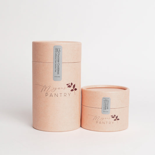 Megan’s Pantry Glucose Goddess Herbal Tea – a caffeine-free blend of raspberry leaf, cinnamon, lemon balm, and fenugreek for natural balance and comfort.