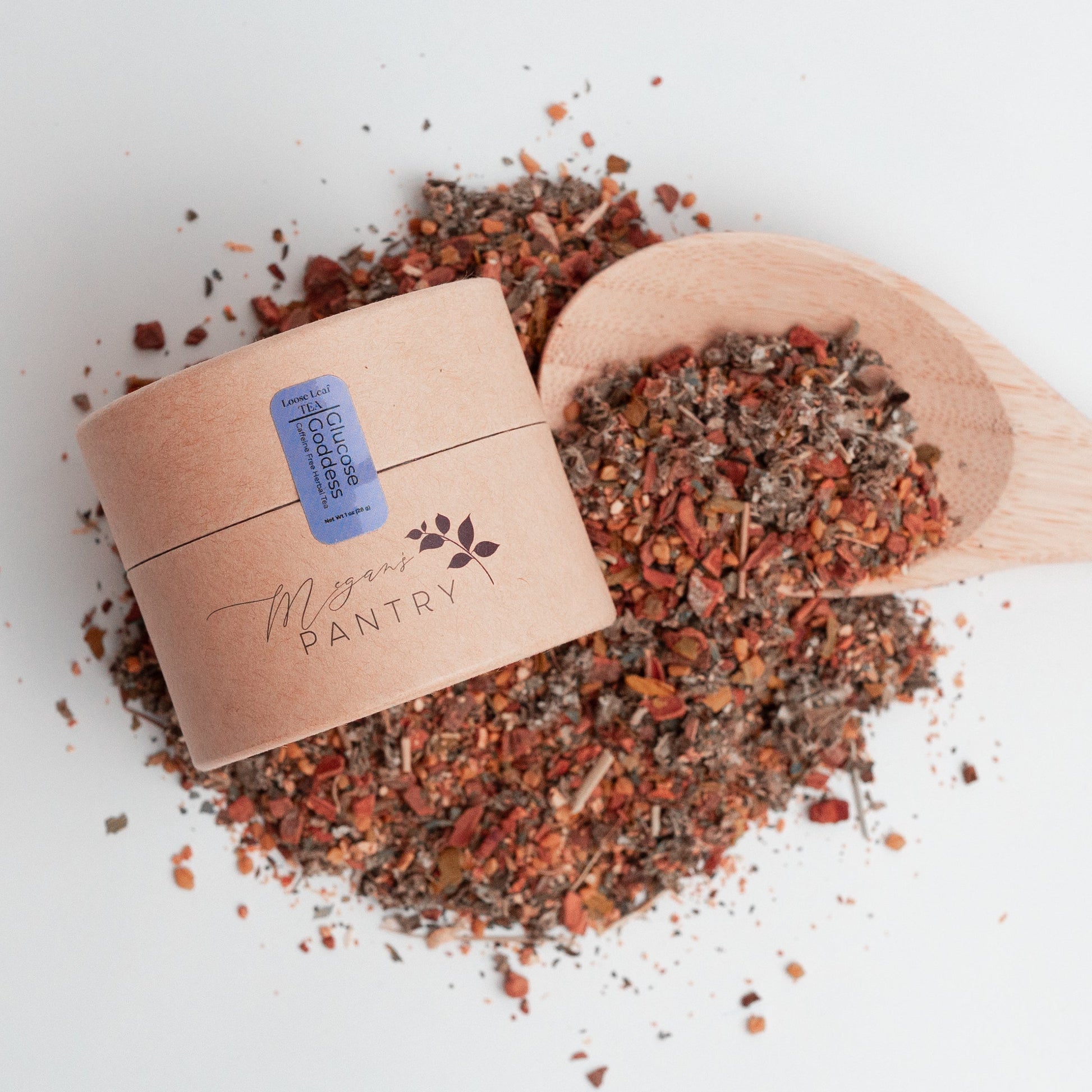 Megan’s Pantry Glucose Goddess Herbal Tea – a caffeine-free blend of raspberry leaf, cinnamon, lemon balm, and fenugreek for natural balance and comfort.