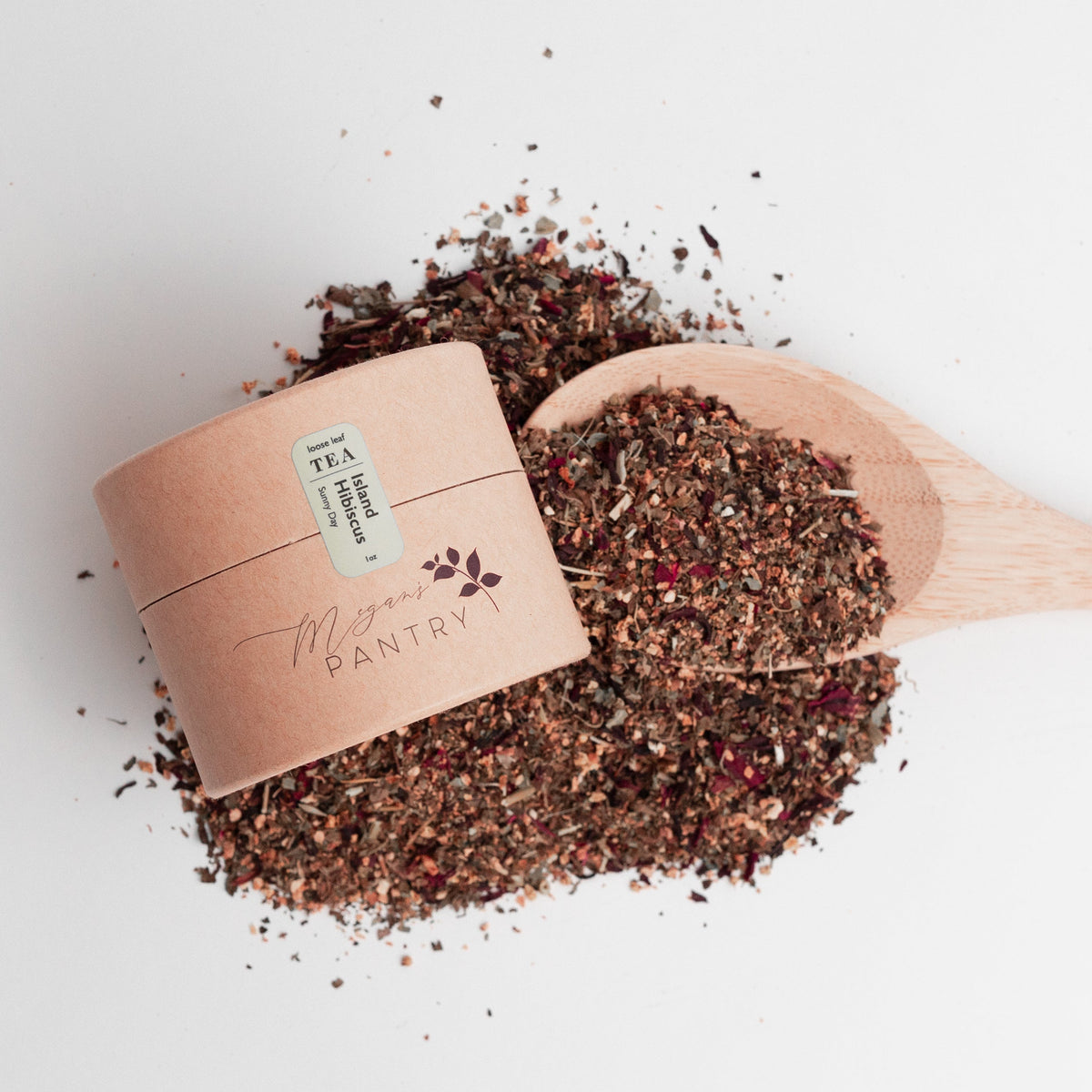 Megan’s Pantry Island Hibiscus Herbal Tea – a bright, tropical blend of hibiscus, lemon, and elderflower for a fruity, caffeine-free refreshment