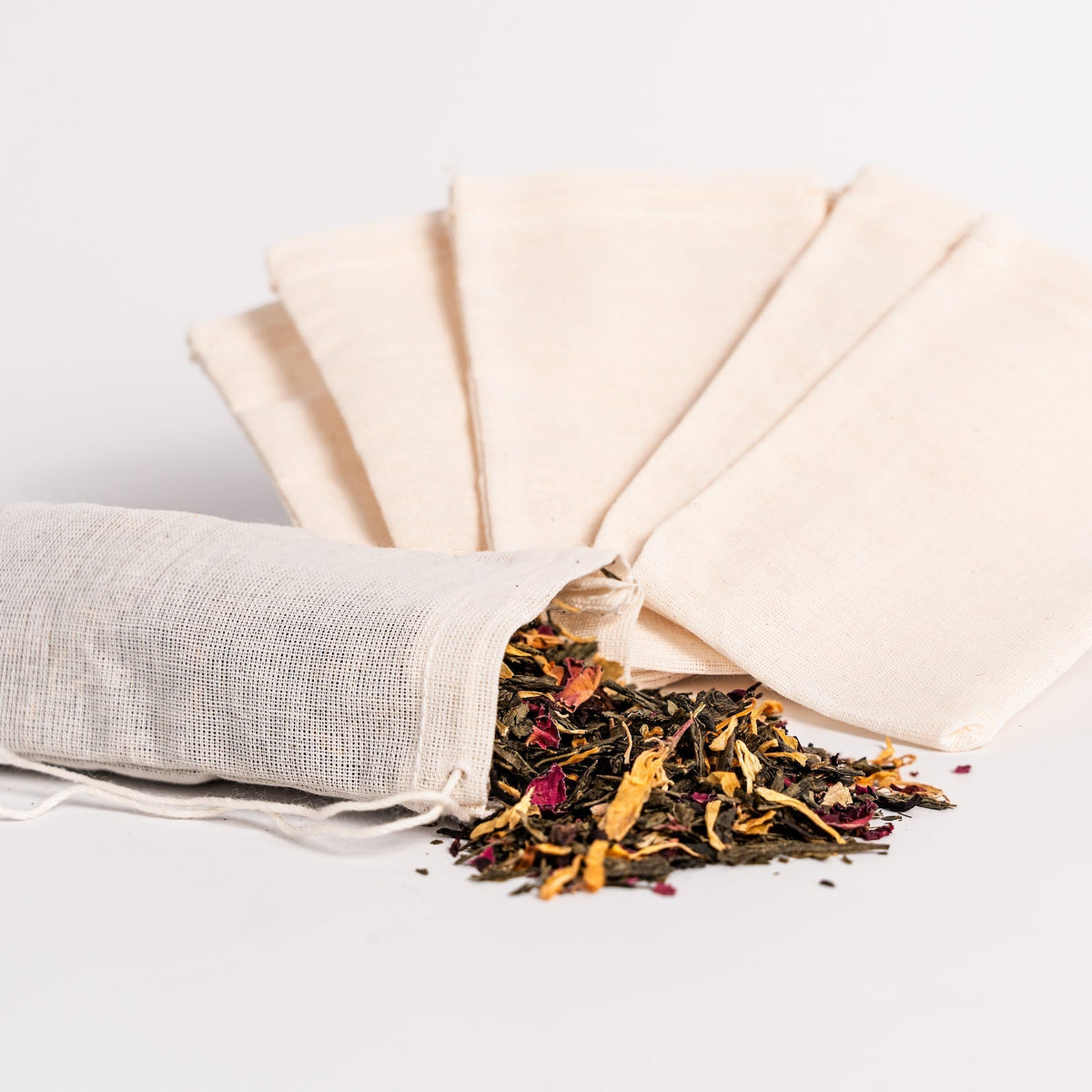 Set of ten reusable 4x6 inch muslin cotton tea sachets from Megan's Pantry for steeping loose leaf tea.