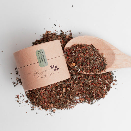 Megan’s Pantry Peppermint Dreams Herbal Tea – a cozy blend of peppermint, rooibos, chamomile, and vanilla for a soothing winter treat