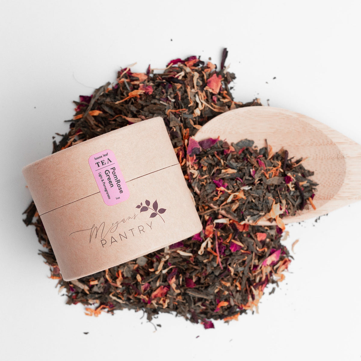 Megan’s Pantry PomRose Green Tea – a refreshing blend of green tea, rose, hibiscus, and pomegranate for a light, fruity floral infusion