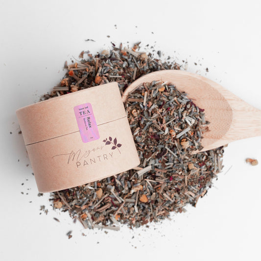 Megan’s Pantry Relax Herbal Tea – a calming blend of chamomile, lavender, and valerian root for soothing, caffeine-free relaxation
