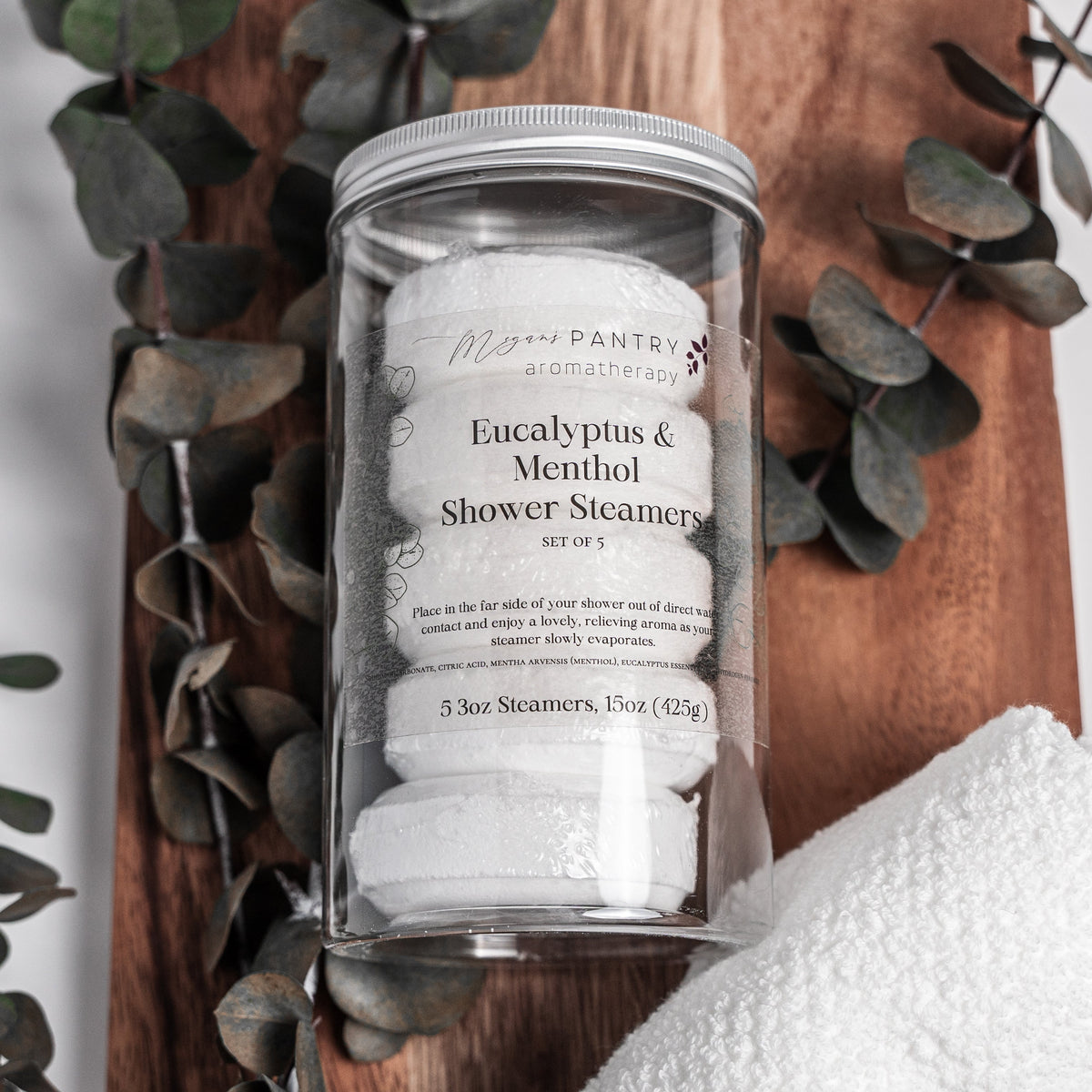 Handcrafted menthol and eucalyptus aromatherapy shower steamers from Megan's Pantry