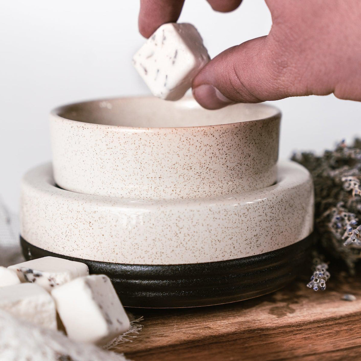 Speckled ceramic wax melter and candle warmer from Megan's Pantry, with a removable bowl for flame-free melts.