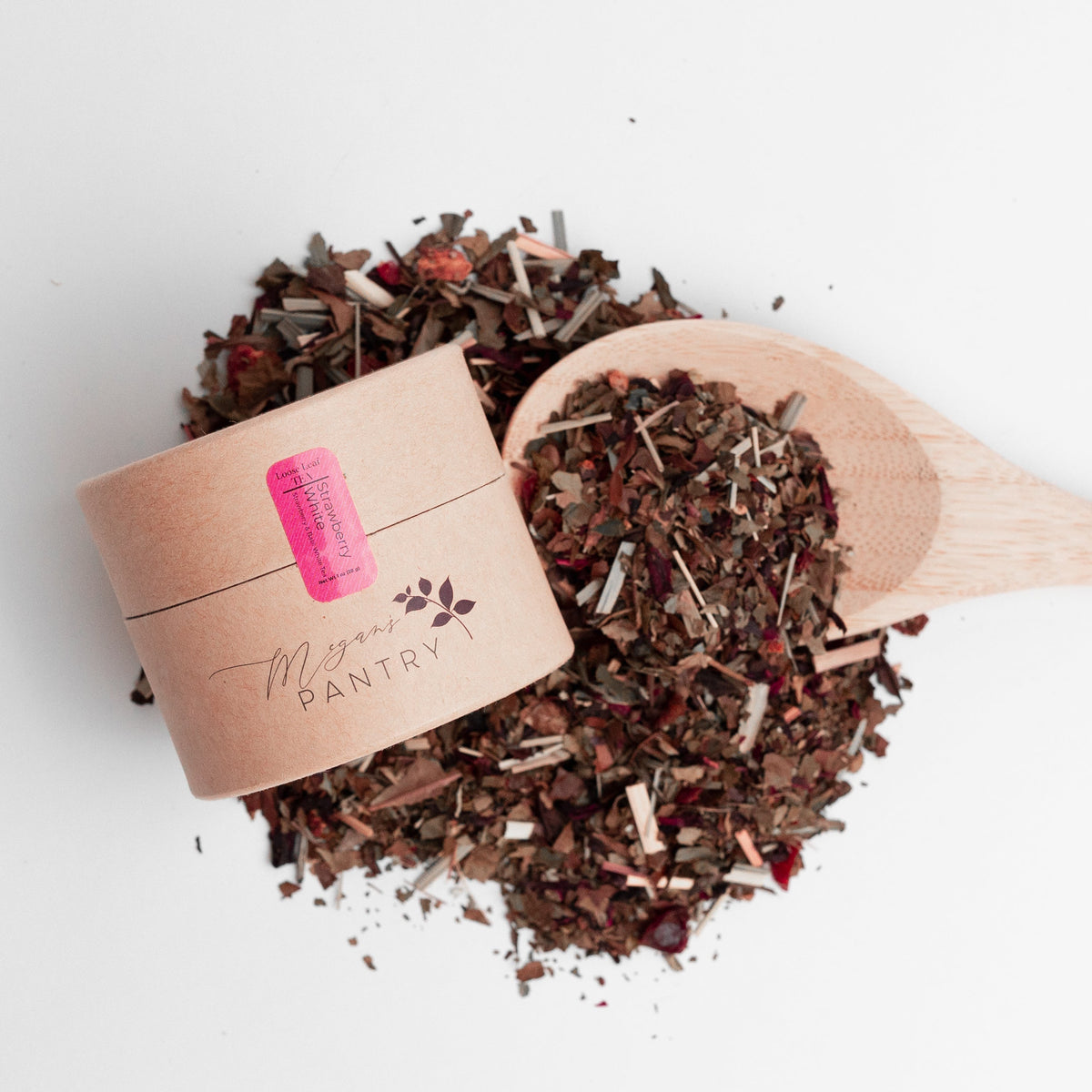 Megan's Pantry Strawberry White Tea with hibiscus, lemongrass, rose hips, and real strawberries