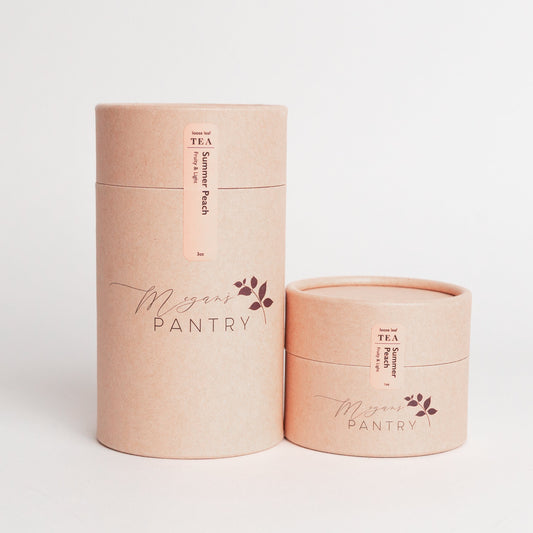 Megan’s Pantry Summer Peach Black Tea – a fruity blend of black tea, peach, and passionfruit, perfect for refreshing iced or hot tea moments