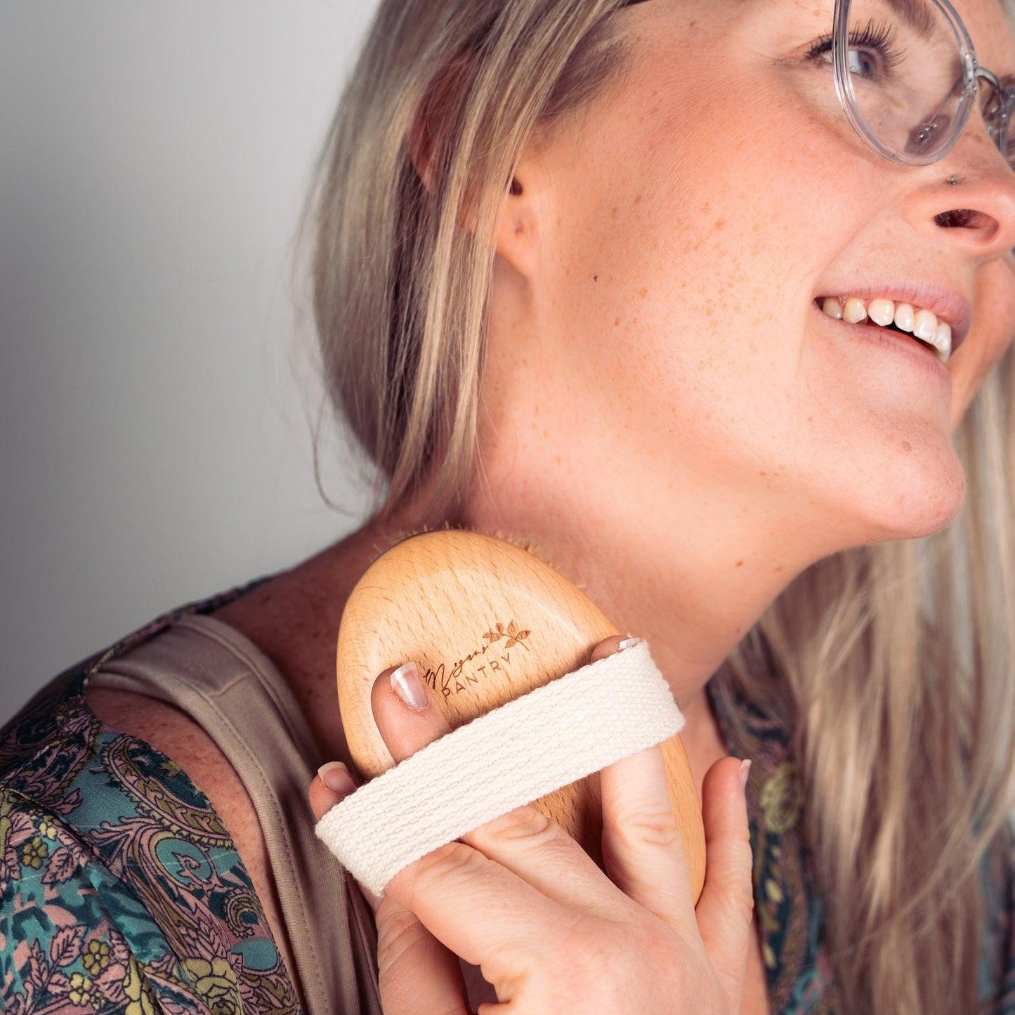 Natural boar bristle body brush with smooth wooden handle for dry brushing, exfoliating, and skin care routines – eco-friendly bath accessory ideal for gifts, spa kits, wellness rituals, and daily self-care from Megan’s Pantry