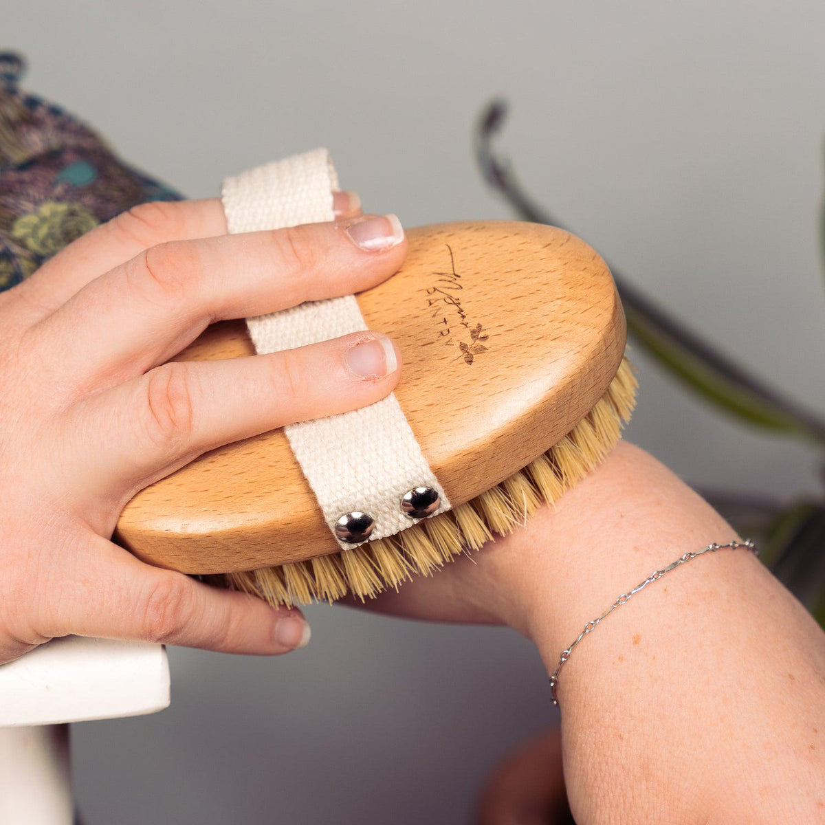 Natural boar bristle body brush with wooden handle for dry brushing and exfoliation from Megan's Pantry