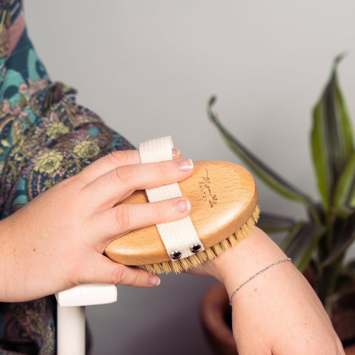 Natural boar bristle body brush with wooden handle for dry brushing and exfoliation from Megan's Pantry