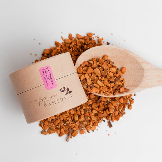 Megan’s Pantry Turmeric Chai – a caffeine-free golden milk blend with turmeric, ginger, cinnamon, and black pepper for a warming wellness tea
