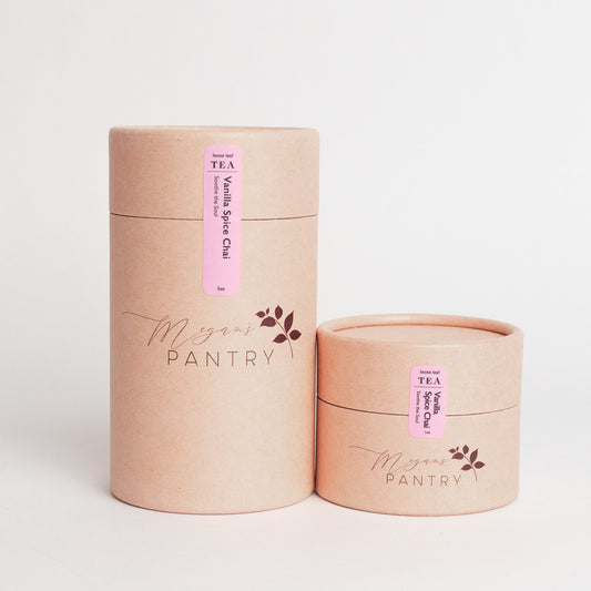 Megan’s Pantry Vanilla Spice Chai tea – a comforting blend of black tea, creamy vanilla, and warm spices for a smooth, aromatic chai latte.