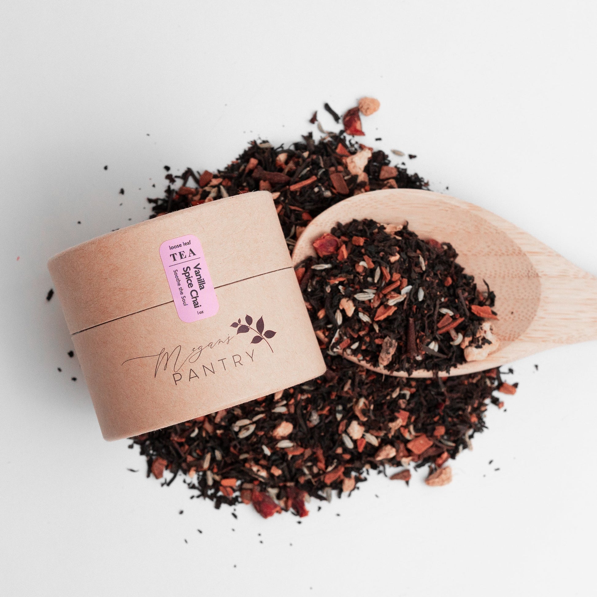 Megan’s Pantry Vanilla Spice Chai tea – a comforting blend of black tea, creamy vanilla, and warm spices for a smooth, aromatic chai latte.