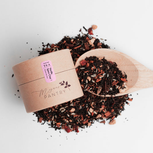 Megan’s Pantry Vanilla Spice Chai tea – a comforting blend of black tea, creamy vanilla, and warm spices for a smooth, aromatic chai latte.