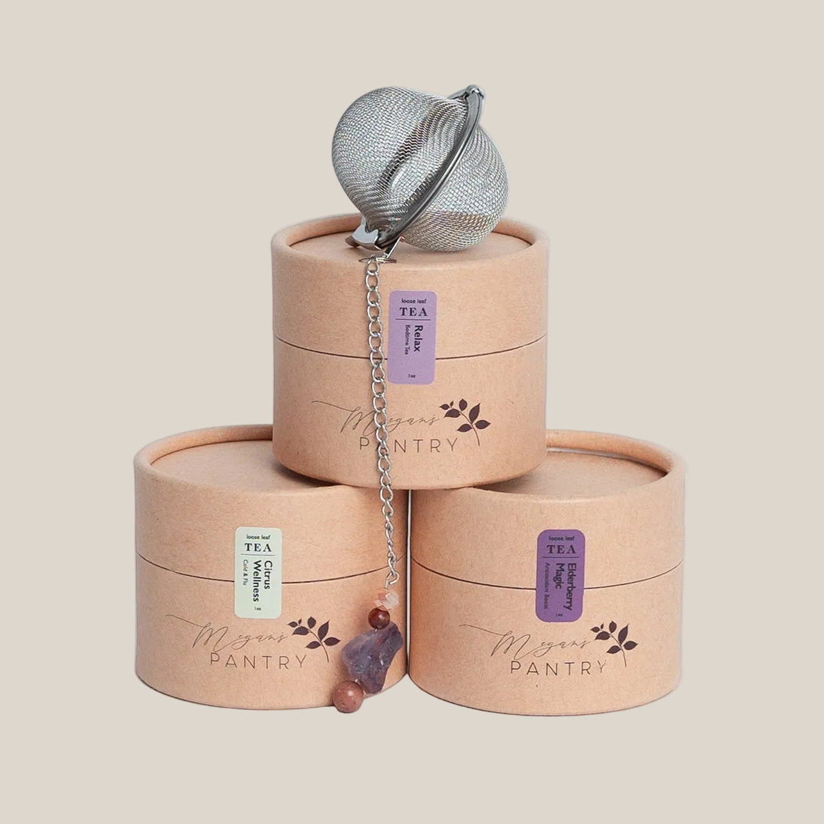 Megan's Pantry Be Well tea gift set with artisan tea sampler and gemmed infuser in a gift box