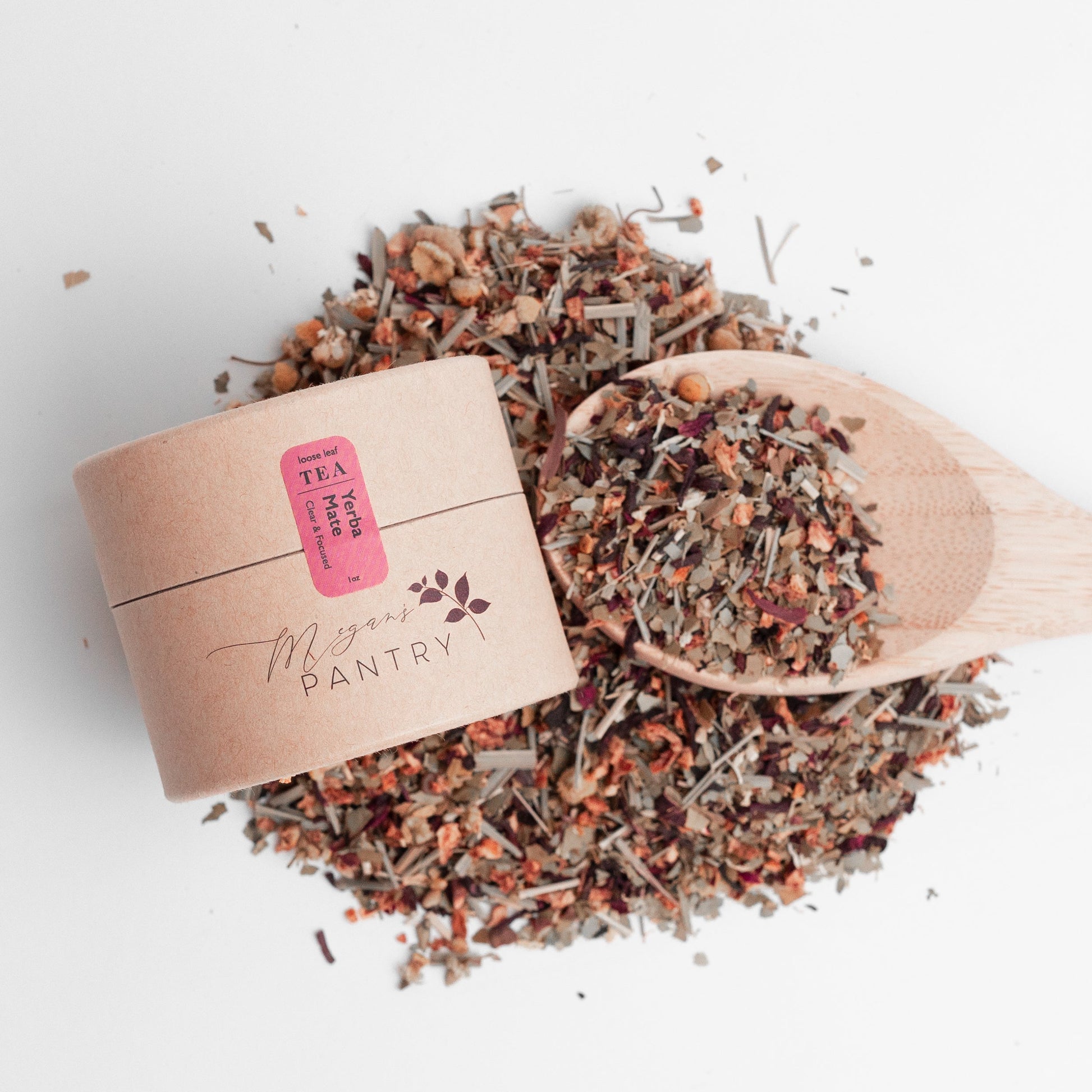 Megan’s Pantry Yerba Mate Herbal Tea – a refreshing blend of yerba mate, lemon, hibiscus, and chamomile for smooth, natural energy