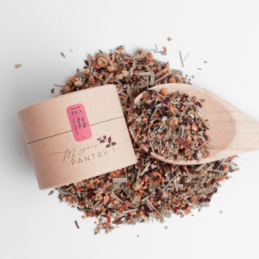 Megan’s Pantry Yerba Mate Herbal Tea – a refreshing blend of yerba mate, lemon, hibiscus, and chamomile for smooth, natural energy