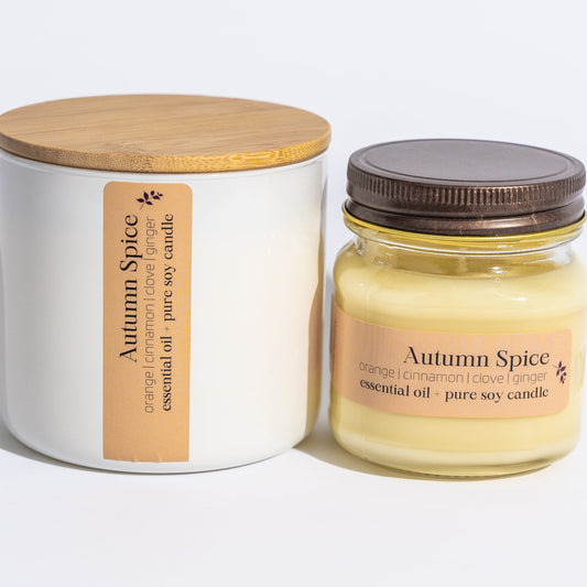 Autumn Spice is a blend of orange, cinnamon, clove and ginger essential oils, creating the perfect, warm Autumn aroma. Each 16-ounce candle is presented in a stunning glass jar with a bamboo lid, making it a timeless piece for your home or a thoughtful gift for anyone who cherishes moments of calm.