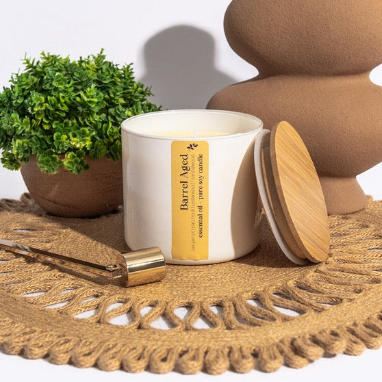 Our decadent Aromatherapy Essential Oil Candles are hand-poured using the purest soy wax, pure cotton wicks, and our signature essential oil blend that is crafted in-house in small batches.
Barrel Aged is a blend of patchouli, bergamot, cedarwood, and sandalwood essential oils, creating a golden, musky aroma. Like enjoying an old scotch with a great friend in a mood-lit room.