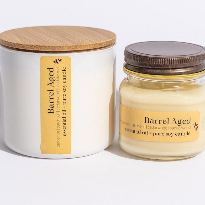 Barrel Aged hand-poured soy candle from Megan's Pantry with patchouli, bergamot, cedarwood, and sandalwood essential oils