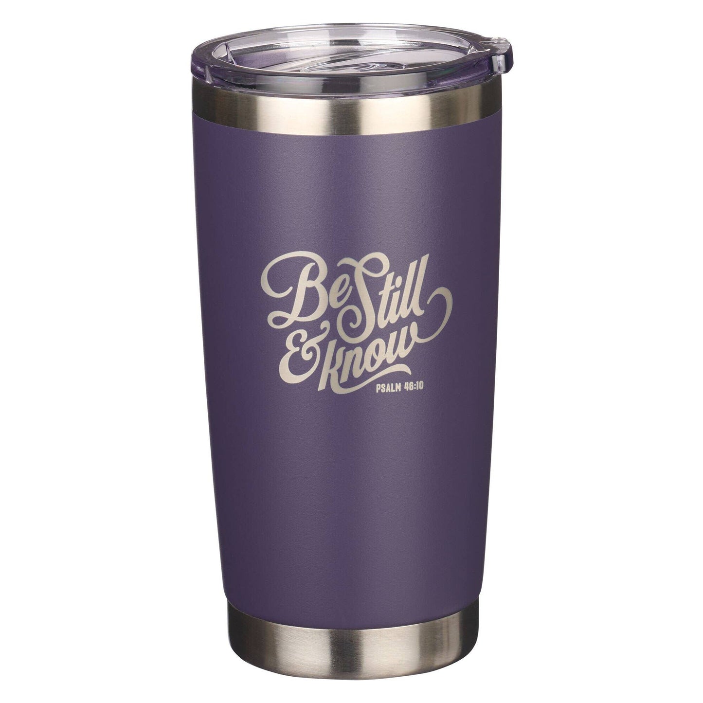 Deep plum stainless steel travel mug with clear sliding lid and Be Still and Know in white script
