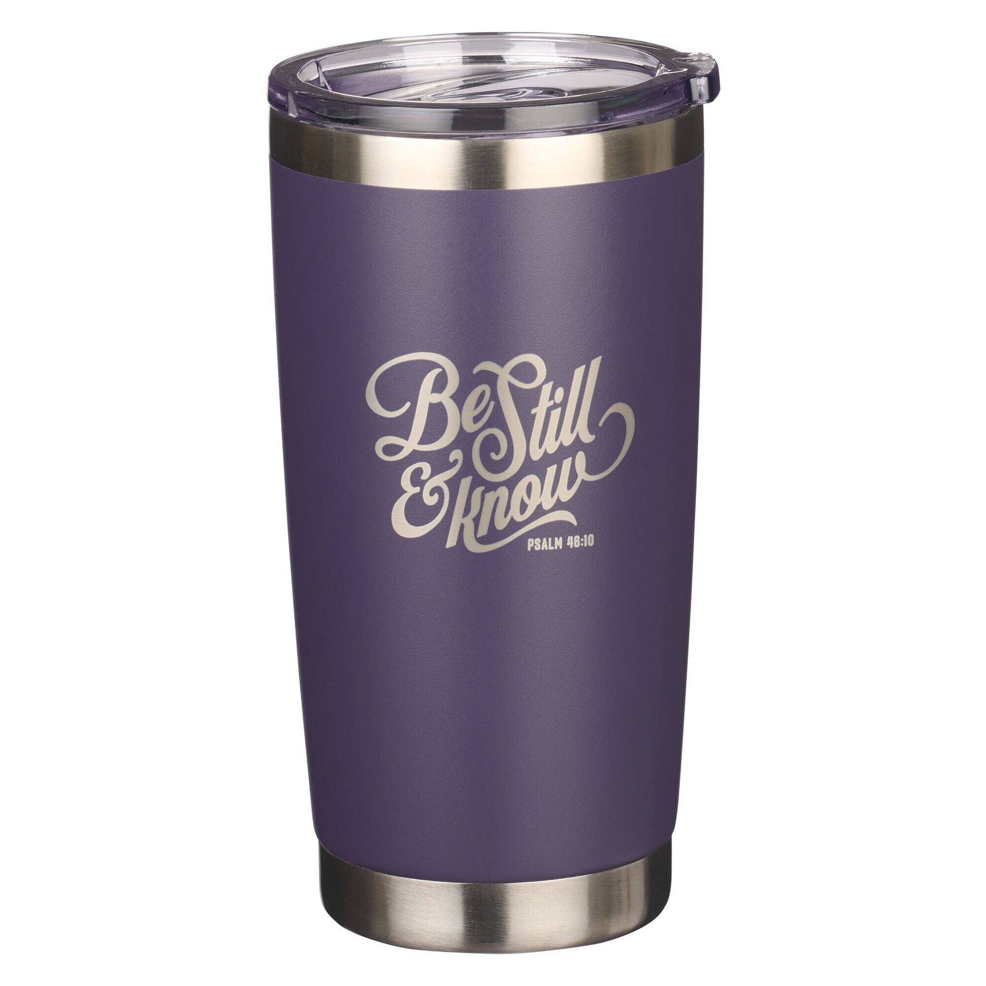 Deep plum stainless steel travel mug with clear sliding lid and Be Still and Know in white script