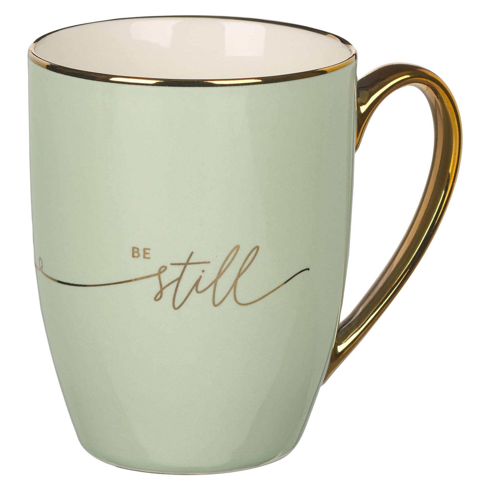Sage green ceramic mug with gold rim and gold handle, be still in gold script