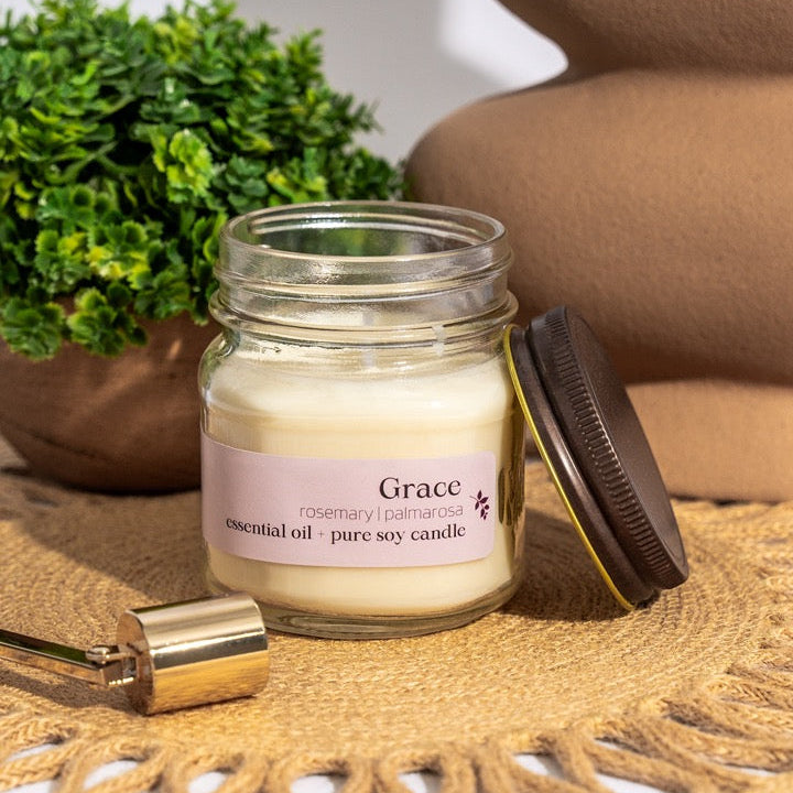 Grace hand-poured soy candle from Megan's Pantry with rosemary and palmarosa essential oils