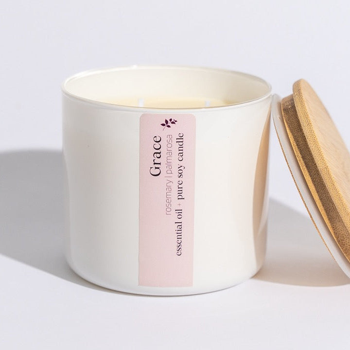 Our decadent Aromatherapy Essential Oil Candles are hand-poured using the purest soy wax, pure cotton wicks, and our signature essential oil blend that is crafted in-house in small batches.
Grace is a blend of rosemary and palmarosa essential oils, bringing a lovely natural floral aroma to your space.