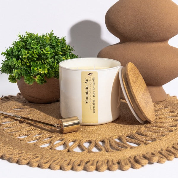 Mountain Air hand-poured soy candle from Megan's Pantry, scented with pine, cedarwood, and eucalyptus essential oils.