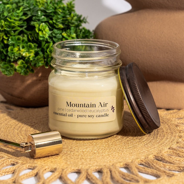 Mountain Air hand-poured soy candle from Megan's Pantry, scented with pine, cedarwood, and eucalyptus essential oils.