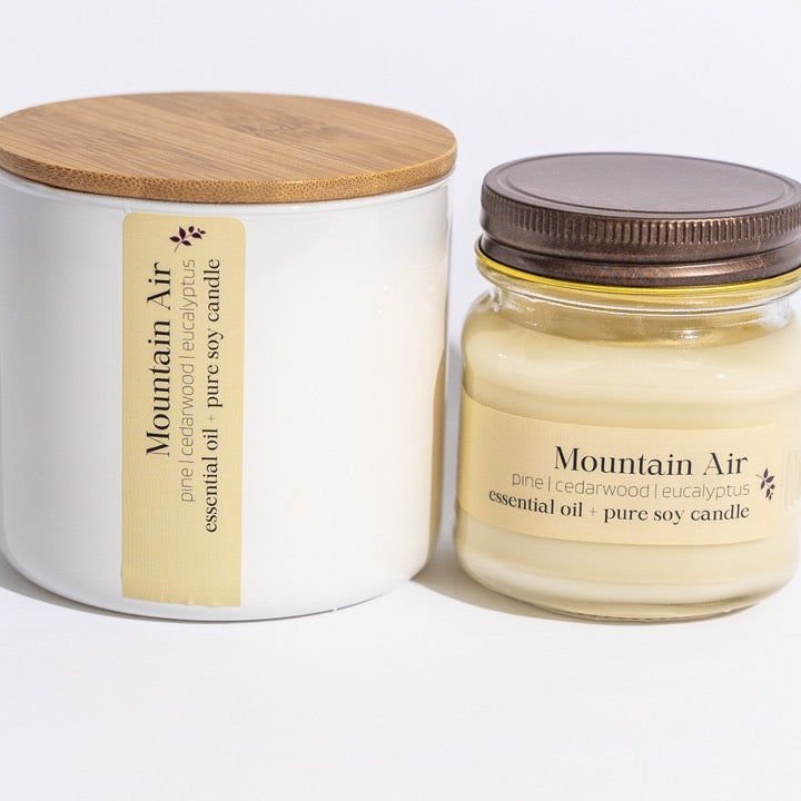 Mountain Air hand-poured soy candle from Megan's Pantry, scented with pine, cedarwood, and eucalyptus essential oils.