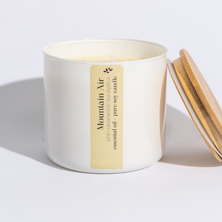 Mountain Air hand-poured soy candle from Megan's Pantry, scented with pine, cedarwood, and eucalyptus essential oils.